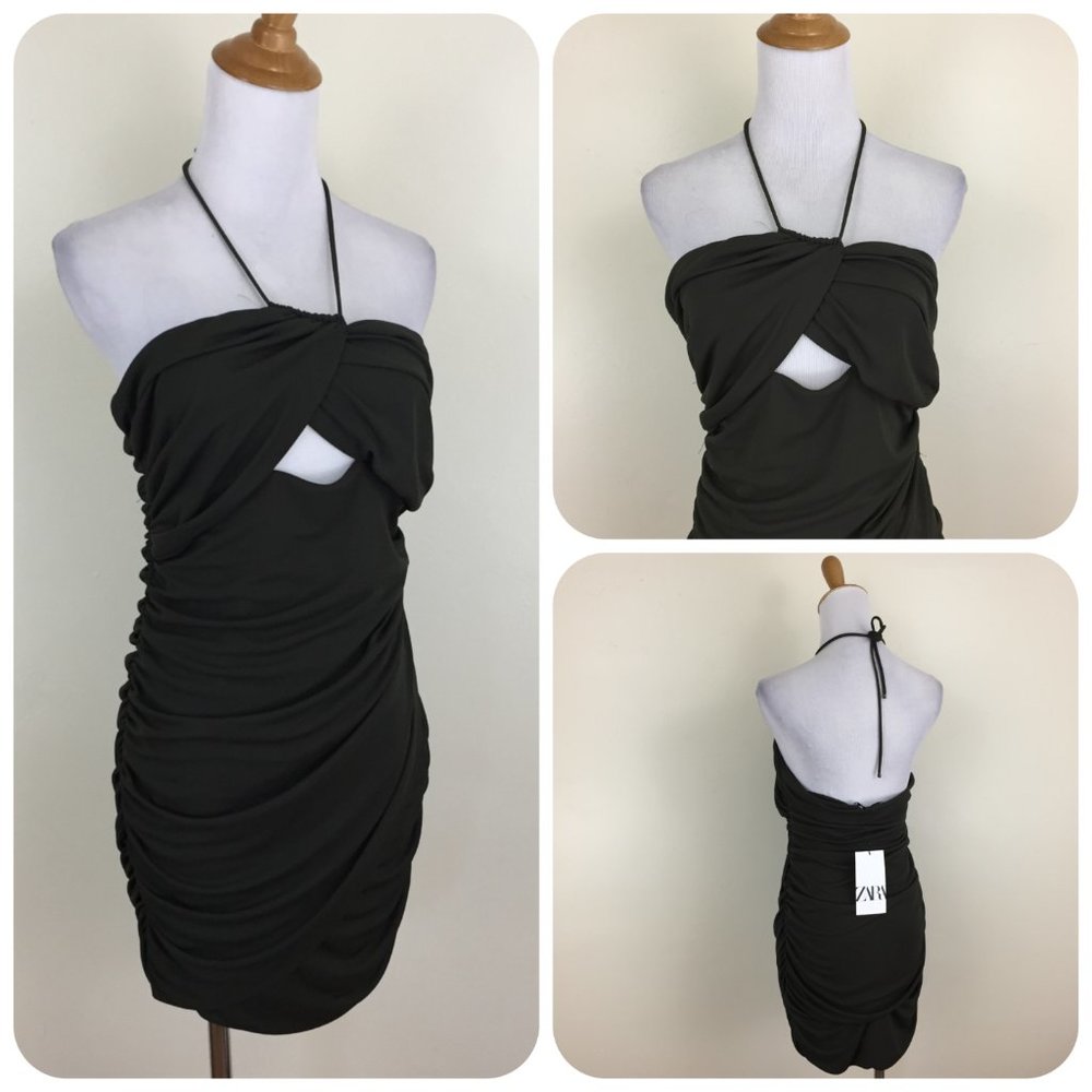 NWT ZARA Dark Green Ruching Cut Out Open Back Stretchy Halter Dress